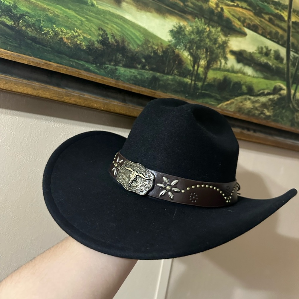 Black Western Cowboy Hat with Decorative Brown Leather Band